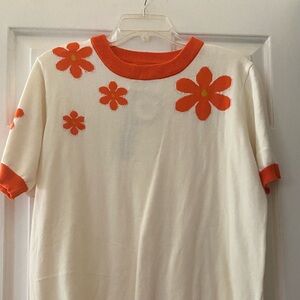Floral Crew Neck Sweater - Cream and Orange Cool 70’s Style